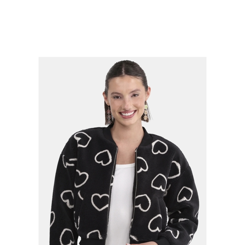 🖤🤍No Boundaries Heavy Weight Black Bomber Jacket with White Heart Pattern